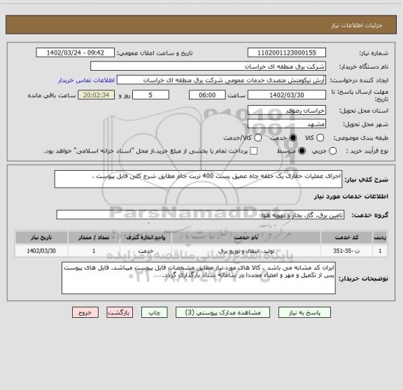 استعلام اجرای عملیات حفاری یک حلقه چاه عمیق پست 400 تربت جام مطابق شرح کلی فایل پیوست .