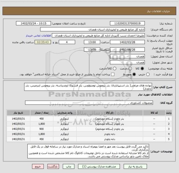 استعلام نهاده های مرتعی( بذر استیپابارباتا، بذر بروموس تومنتولوس، بذر فستوکا اروندیناسه، بذر بروموس اینرمیس، بذر چاودار)