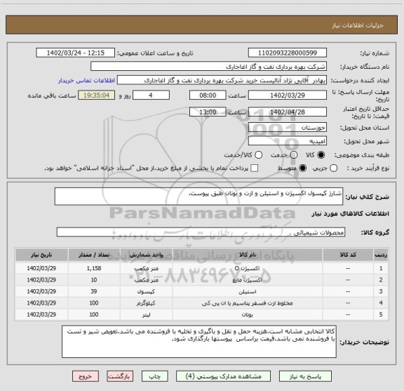 استعلام شارژ کپسول اکسیژن و استیلن و ازت و بوتان طبق پیوست.