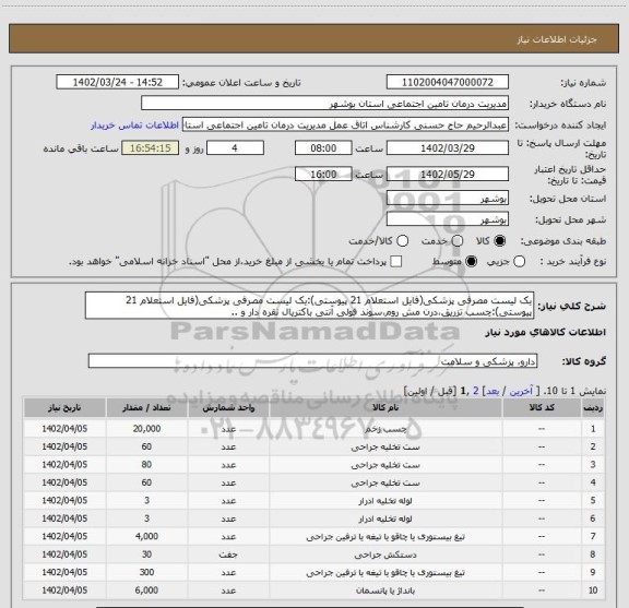 استعلام یک لیست مصرفی پزشکی(فایل استعلام 21 پیوستی):یک لیست مصرفی پزشکی(فایل استعلام 21 پیوستی):چسب تزریق،درن مش روم،سوند فولی آنتی باکتریال نقره دار و ..