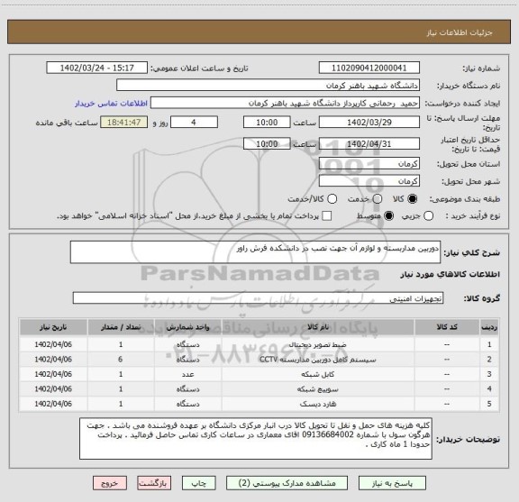 استعلام دوربین مداربسته و لوازم آن جهت نصب در دانشکده فرش راور