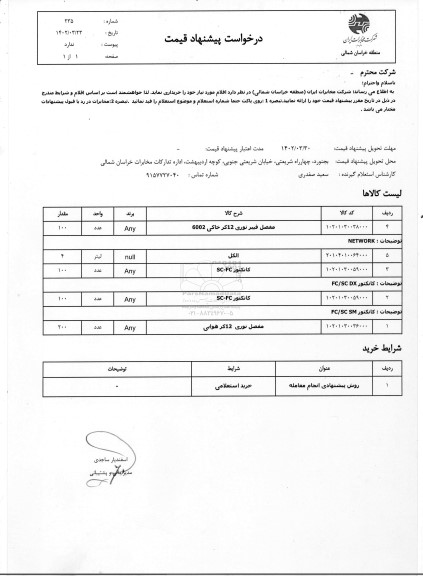 استعلام مفصل فیبر نوری 12 کر خاکی 6002 ...