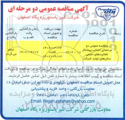 مناقصه انتخاب پیمانکار فعالیت های حجمی سالن های تولید