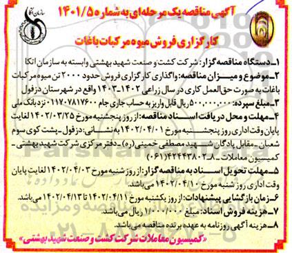 مناقصه کارگزاری فروش میوه مرکبات باغات