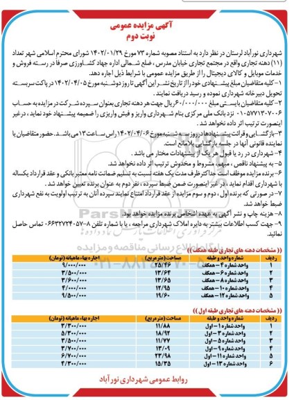 مزایده واگذاری تعداد (11) دهنه تجاری