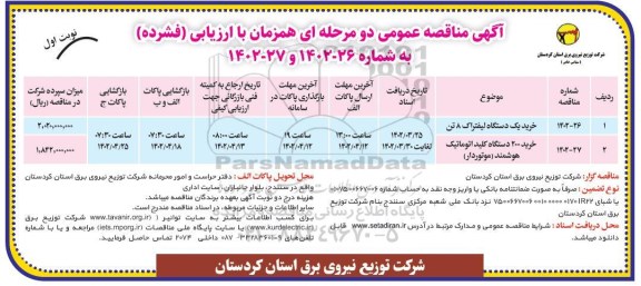 مناقصه خرید یک دستگاه لیفتراک 8 تن و ...