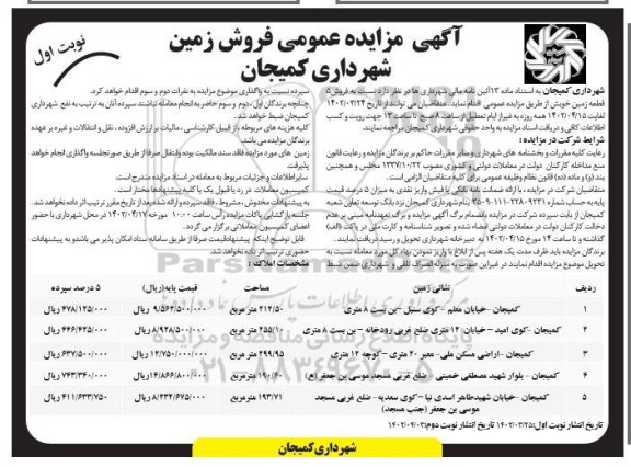 مزایده فروش 5 قطعه زمین