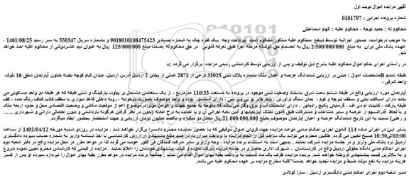 مزایده ششدانگ عرصه و اعیان ملک بشماره پلاک ثبتی 33025 فرعی از 2871 اصلی 