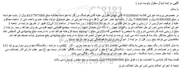 مزایده یکدستگاه خودروی سواری پراید 131 SE  به مدل 1395 