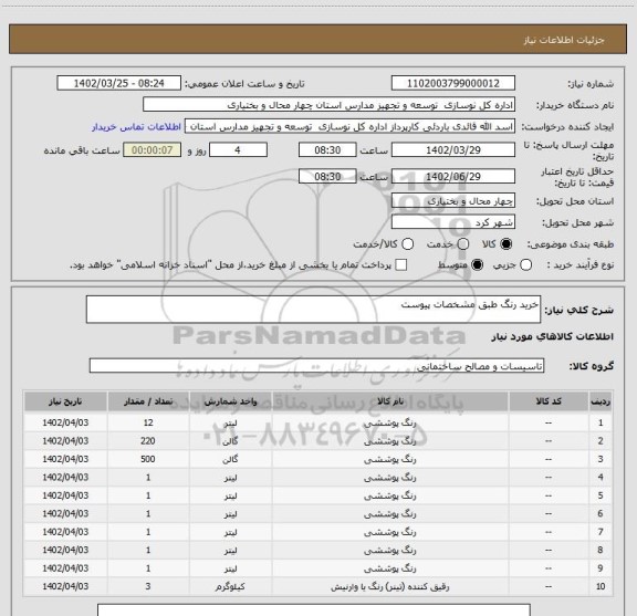 استعلام خرید رنگ طبق مشخصات پیوست
