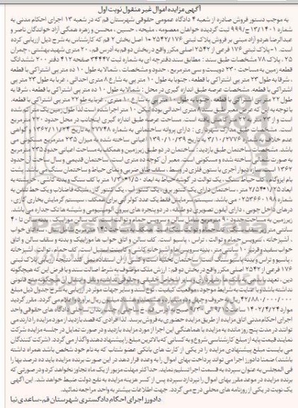 مزایده فروش ملک پلاک ثبتی 176 فرعی از 2542 اصلی 
