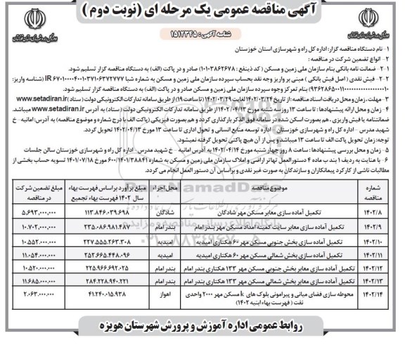 مناقصه تکمیل آماده سازی معابر مسکن مهر ....نوبت دوم 