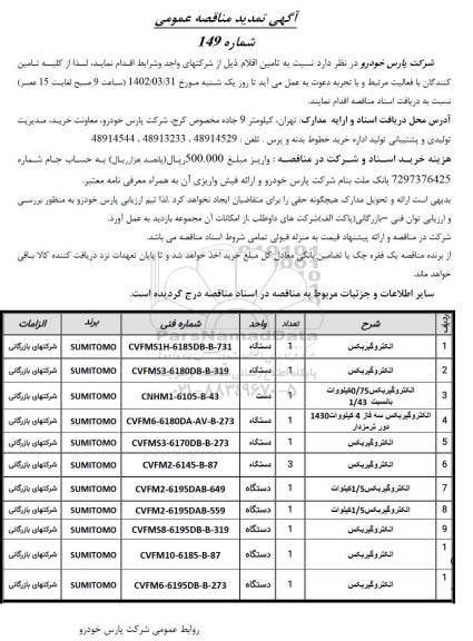 تمدید مناقصه الکتروگیربکس ...