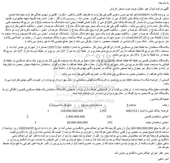 مزایده فروش ملک مشاع با پلاک ثبتی 295 فرعی از 144 اصلی  