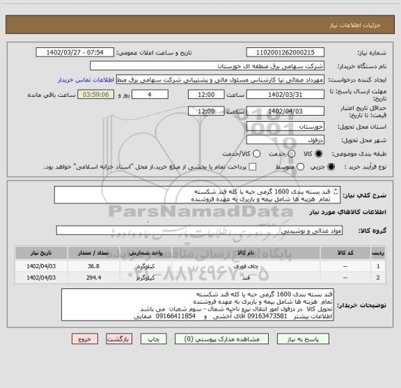 استعلام قند بسته بندی 1600 گرمی حبه یا کله قند شکسته
تمام  هزینه ها شامل بیمه و باربری به عهده فروشنده