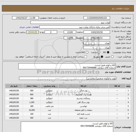 استعلام کالا و لوازم طبق لیست
شماره آقای درودمند 09173046686