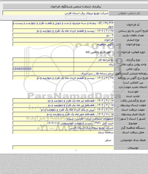 مناقصه, خرید کابل ۲۴۰*۱ بیست کیلوولت الومینیومی ۱۴۰۲۱۱۱۷