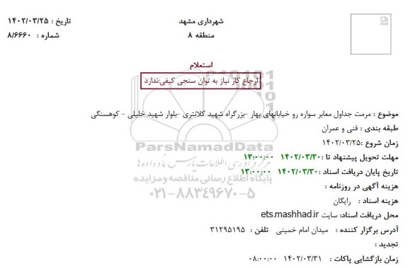 استعلام مرمت جداول معابر سواره رو خیابانهای بهار