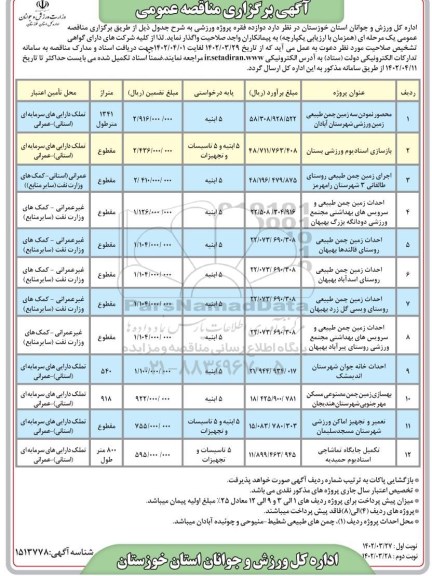 مناقصه دوازده فقره پروژه ورزشی