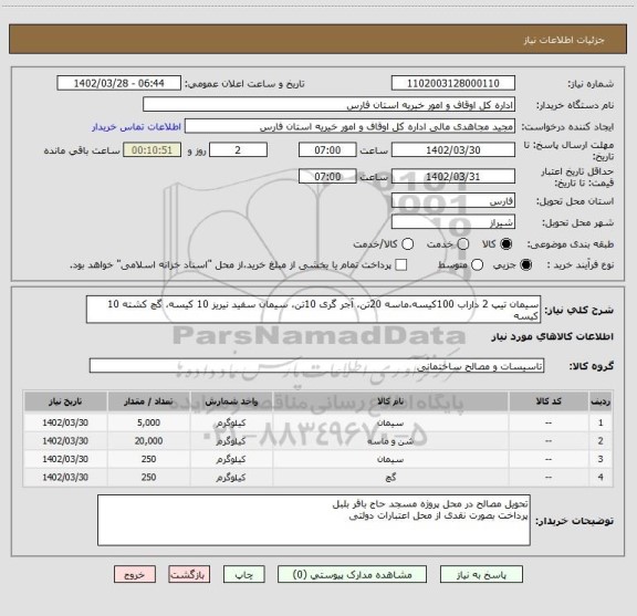 استعلام سیمان تیپ 2 داراب 100کیسه،ماسه 20تن، آجر گری 10تن، سیمان سفید نیریز 10 کیسه، گچ کشته 10 کیسه