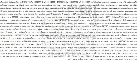 مزایده دو دانگ مشاع از ششدانگ پلاک ثبتی چهارده فرعی از چهارده اصلی بخش یک