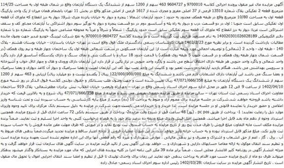 مزایده 463 سهم از 1200 سهم از ششدانگ یک دستگاه آپارتمان