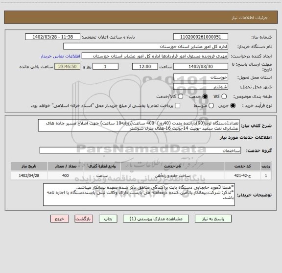 استعلام تعداد1دستگاه لودر(90)باراننده بمدت (40روز)  400 ساعت(روزانه10 ساعت) جهت اصلاح مسیر جاده های عشایری نفت سفید -یونیت 14-یونیت 16-هلال منزل شوشتر