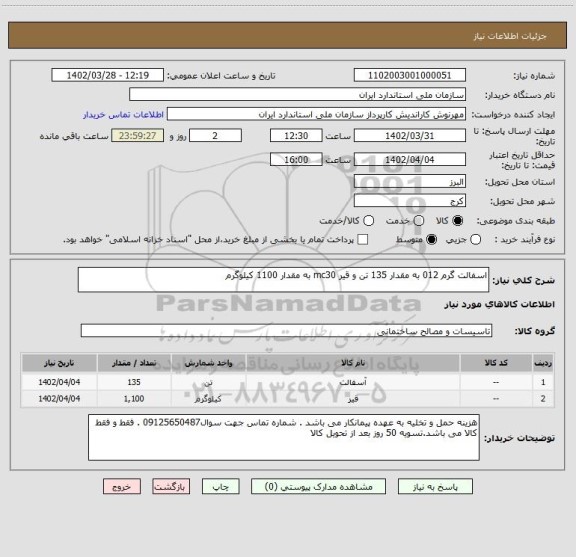 استعلام اسفالت گرم 012 به مقدار 135 تن و قیر mc30 به مقدار 1100 کیلوگرم