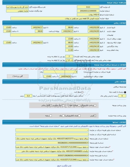 مزایده ، مزایده فروش 20 قطعه زمین مسکونی در بوانات -مزایده زمین  - استان فارس