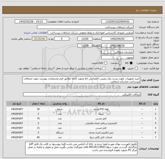 استعلام خرید تجهیزات جهت پست برق زمینی اختصاصی pc بجنورد کاملا مطابق فرم مشخصات پیوست جهت ارتباطات زیرساخت خراسان شمالی.