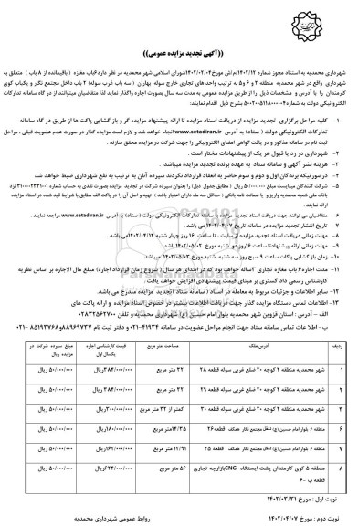 تجدید مزایده اجاره 6 باب مغازه (باقیمانده از 8 باب)