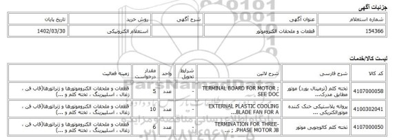 استعلام الکترونیکی، قطعات و ملحقات الکتروموتور