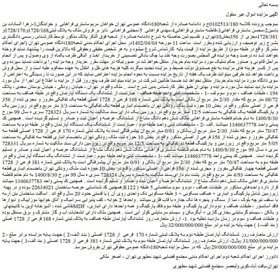 مزایده فروش ملک به پلاک ثبتی1728/168و1728/170و 1728/381مجزی از 356