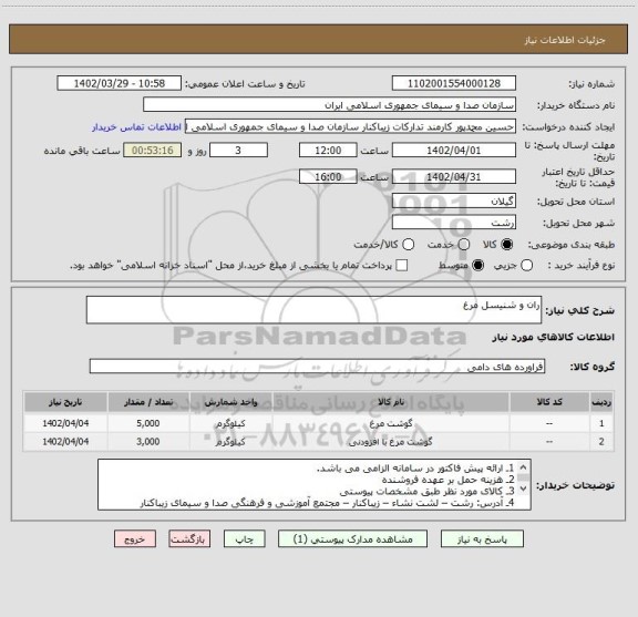استعلام ران و شنیسل مرغ