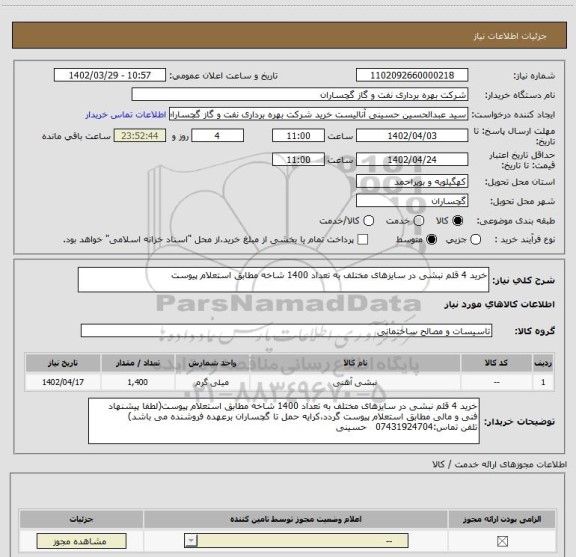 استعلام خرید 4 قلم نبشی در سایزهای مختلف به تعداد 1400 شاخه مطابق استعلام پیوست