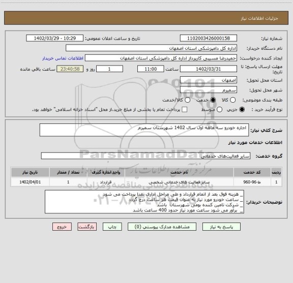 استعلام  اجاره خودرو سه ماهه اول سال 1402 شهرستان سمیرم