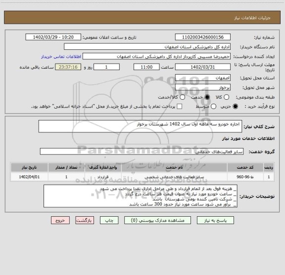 استعلام  اجاره خودرو سه ماهه اول سال 1402 شهرستان برخوار