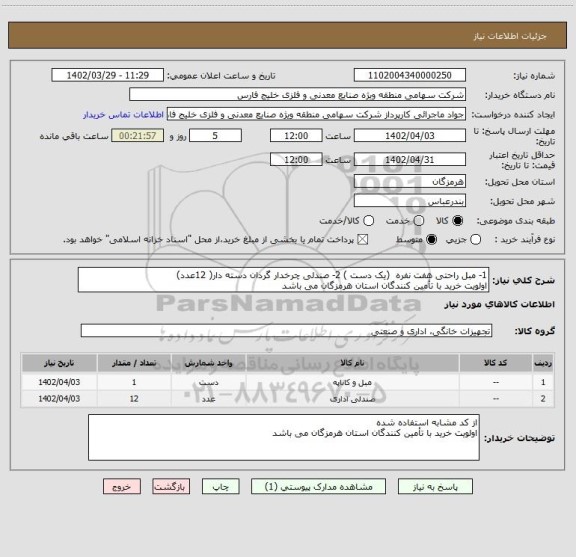 استعلام 1- مبل راحتی هفت نفره  (یک دست ) 2- صندلی چرخدار گردان دسته دار( 12عدد) 
اولویت خرید با تأمین کنندگان استان هرمزگان می باشد