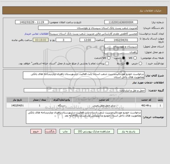 استعلام درخواست خودرو موردتائیدمدیریت شعب استان بابت فعالیت درشهرستان زاهدان وبازدیدباجه های بانکی وماموریت های داخل استان