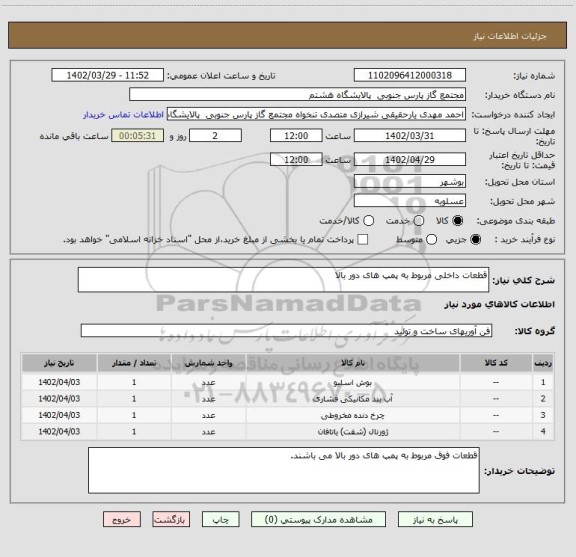 استعلام قطعات داخلی مربوط به پمپ های دور بالا
