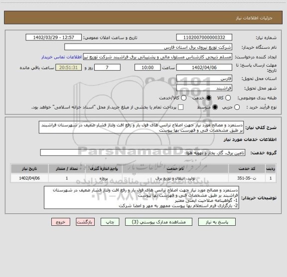 استعلام دستمزد و مصالح مورد نیاز جهت اصلاح ترانس های فول بار و رفع افت ولتاژ فشار ضعیف در شهرستان فراشبند بر طبق مشخصات فنی و فهرست بها پیوست