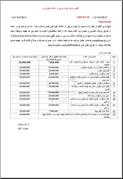 مزایده اجاره برخی از املاک شهرداری