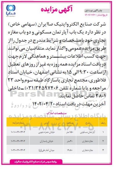 مزایده یک باب آپارتمان مسکونی و دو باب مغازه تجاری