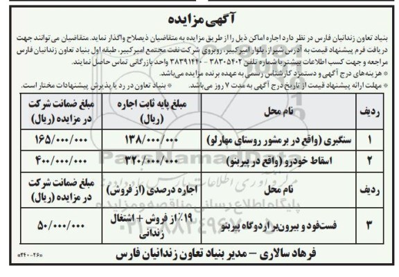 مزایده اجاره اماکن