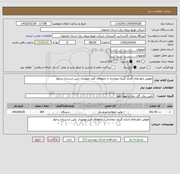 استعلام تعویض تابلو های اندازه گیری دیماندی با تابلوهای کلید موتوردار  نایین اردستان برخوار