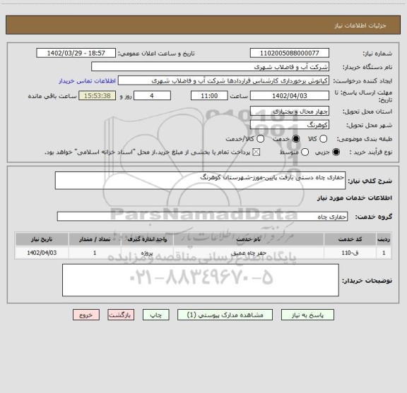 استعلام حفاری چاه دستی بازفت پایین-مورز-شهرستان کوهرنگ