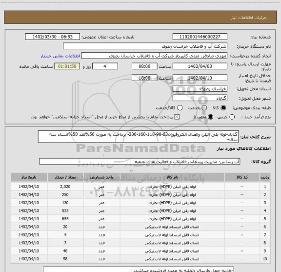 استعلام گناباد-لوله پلی اتیلن واتصال الکتروفیوژن63-90-110-160-200- پرداخت به صورت 50%نقد 50%اسناد سه ساله-