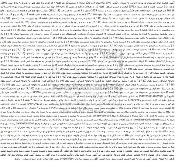 آگهی مزایده 1/5 دانگ مشاع از ششدانگ یک قطعه واحد اداری نوع ملک طلق با کاربری به پلاک ثبتی 12999 فرعی از 3 اصلی