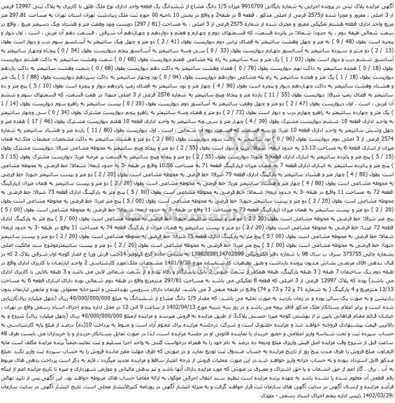 آگهی مزایده 1/5 دانگ مشاع از ششدانگ یک قطعه واحد اداری نوع ملک طلق با کاربری به پلاک ثبتی 12997 فرعی از 3 اصلی