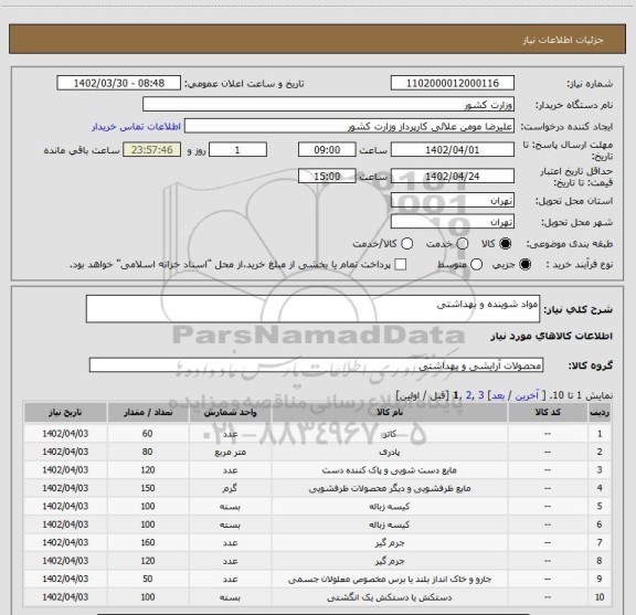 استعلام مواد شوینده و بهداشتی
